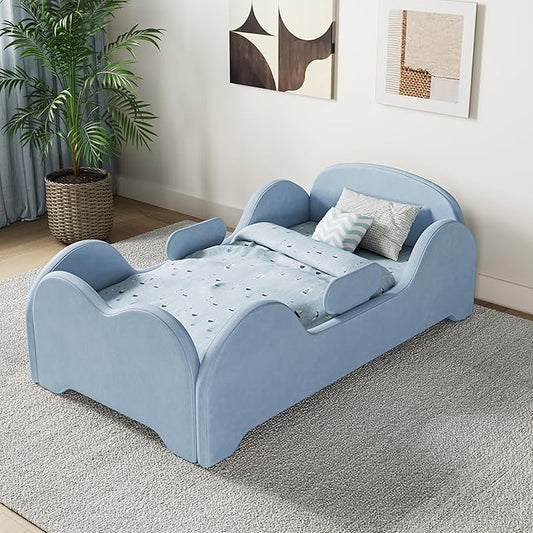 Toddler Bed, Toddler Flood Bed with Extra Safety Broad, Standard Crib Size for Kids, Certified Fabric Beds, Low to Floor Design (Blue)