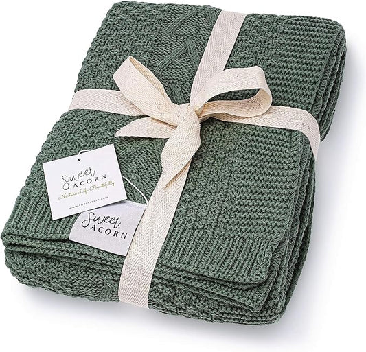 Knit Baby Blanket in Elegant Pattern, Organic Cotton Blankets for Crib or Stroller, Receiving Blankets - Juniper Green