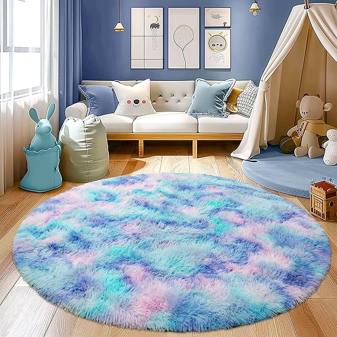 Round Fluffy 5FT Tie-dye Blue - Super Soft Circle Rug for Kids Room - Shaggy Circular Rug for Nursery - Furry Carpet for Boys Girls Room