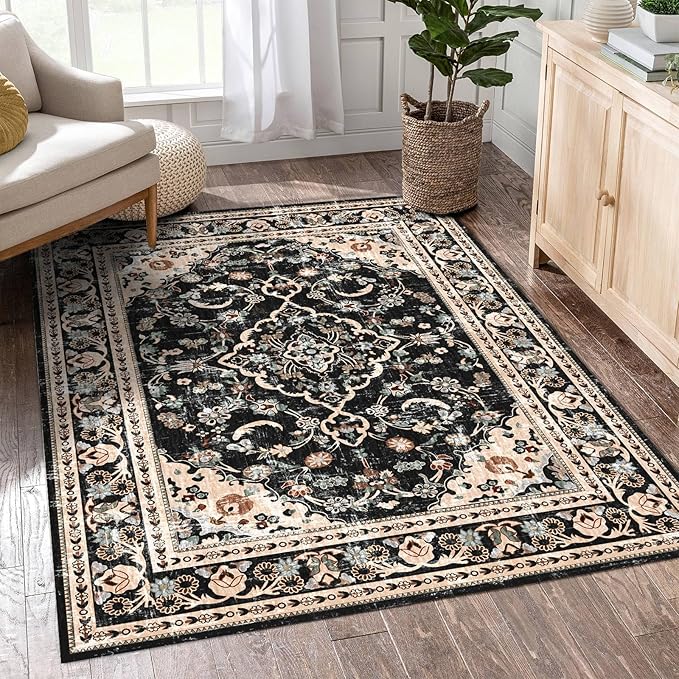 Vhong Washable Area Rugs Boho Vintage Modern Neutral Small Carpet Black and Brown 3×5 High Traffic Rugs for Dinning Room Living Room Bedroom Non Slip