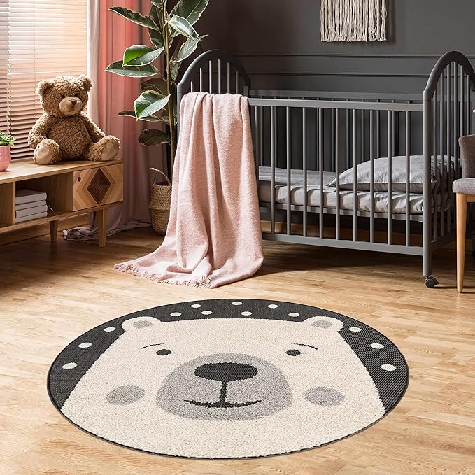 Hauteloom Kids Room, Nursery Round Area Rug - Outdoor Patio Safe - Animal Bear Playroom Carpet - Beige, Gray, Black, Cream - 7'10"