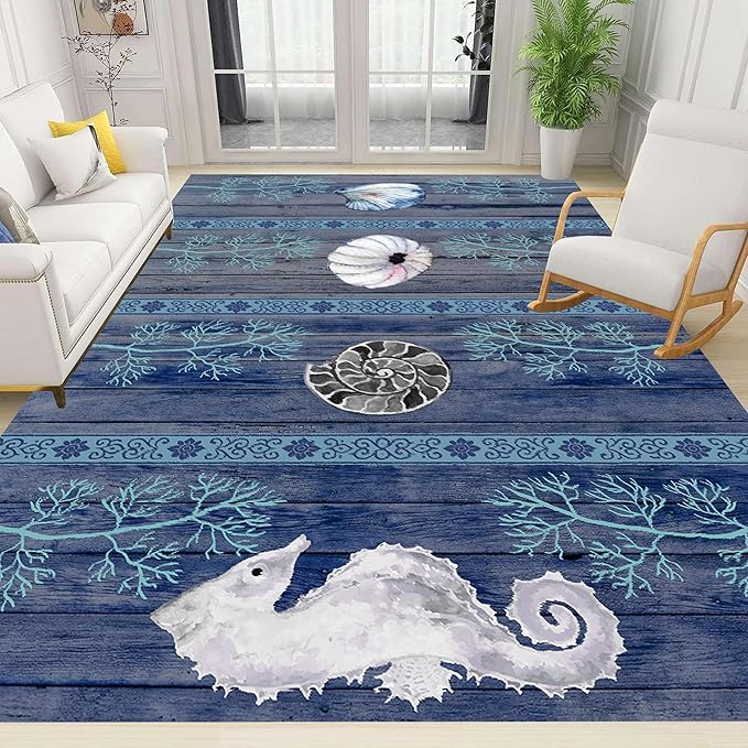 Nautical Living Room Rug, 4x6ft, Ocean Theme Conch Shell Seahorse Indoor Rugs, Beach Waterweed Kitchen Decor Mats, Durable Shed Resistant Cozy Easy Clean Carpet for Bedroom Family
