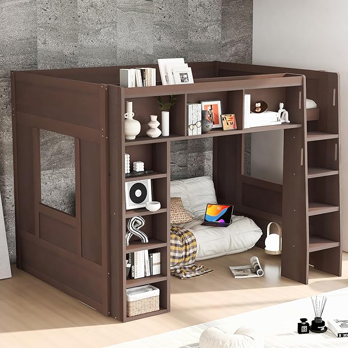 Playhouse Design Queen Size Loft Bed with Built-in Storage Shelves and 2 Windows, Solid Wood Loft Bed Frame with Safety Guardrail for Kids Teens Boys Girls, Space-Saving (Brown-12.9)