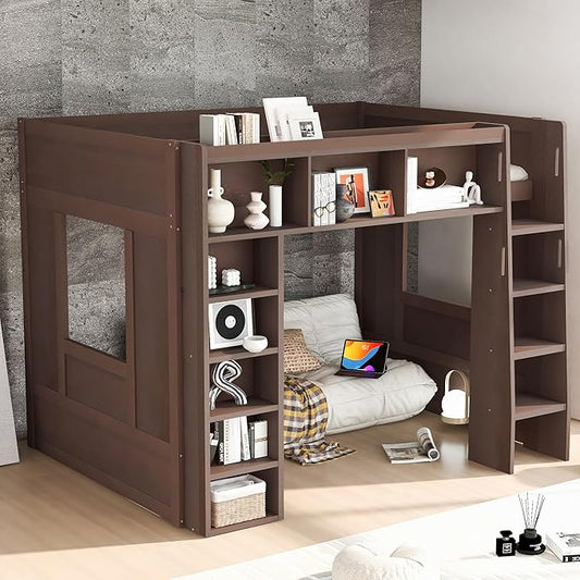 Playhouse Design Queen Size Loft Bed with Built-in Storage Shelves and 2 Windows, Solid Wood Loft Bed Frame with Safety Guardrail for Kids Teens Boys Girls, Space-Saving (Brown-12.9)
