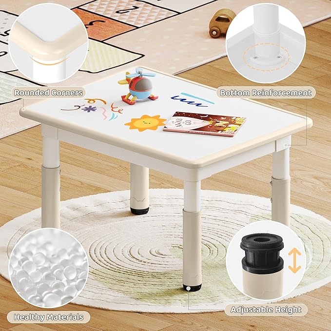 Kids Study Table and Chairs Set, Height Adjustable Toddler Table and Chair Set for Kids Ages 3-8, 31.5" L x 23.6" W Graffiti Desktop Plastic Children Art Table with 2 Seats