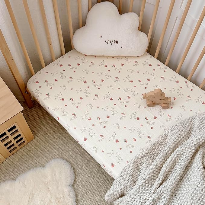 BuLuTu 100% Cotton Muslin Crib Sheets for Girls Boys, Soft Breathable Baby Sheets for 52"x28" Standard Crib Mattress, 2 Pack Toddler Fitted Sheets Nursery Decor, Forest & Rabbit