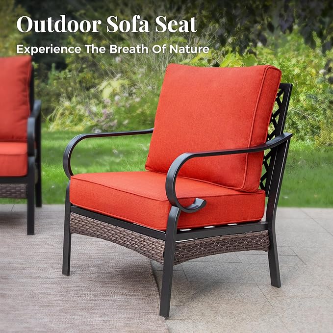 Outdoor Patio Leg Sofa Chairs Set of 2 Steel Frame Porch Furniture with Deep Seating and 5.75" Cushions for Lawn Backyard Deck, Red