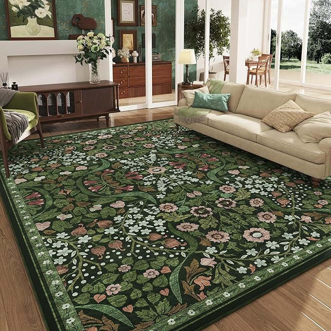 9x12 Green Floral Washable Area Rug for Living Room, Non-Slip Soft Vintage Boho Carpet, Botanical Forest Green Low Pile Rugs for Bedroom, Dinning Room, Home Office, Dorm, Nursery, Dark Green