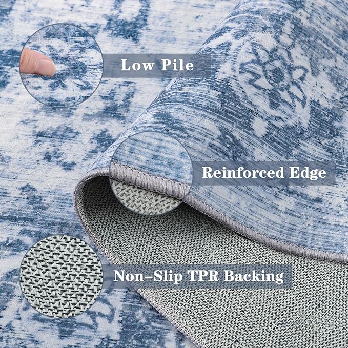 Area Rug 8x10, Washable Rug for Living Room, Large Area Rugs for Bedroom, Vintage Rug 8x10 for Dining Room, Non Slip Soft Low Pile Indoor Carpet for Kitchen, Nursery, Office, Farmhouse, Blue