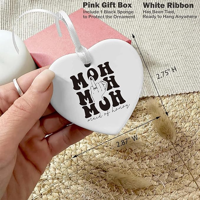 Heart Shaped Christmas Ornament-Maid of Honor Proposal Gift from Bride-Wedding Bachelorette Party Present for Besties Friends Women-Ceramic Ornament Keepsake Decor Gift