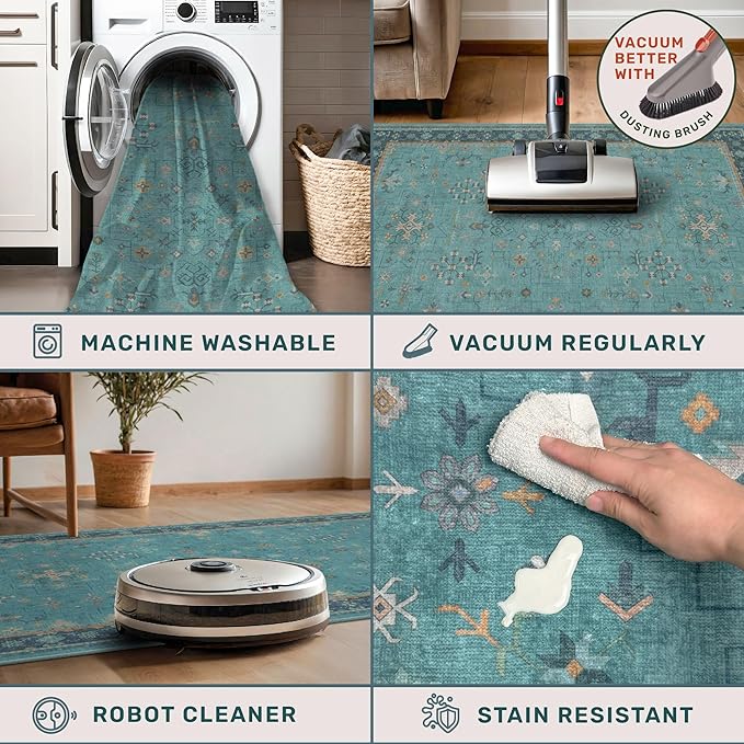 Washable 5x8 Teal Rug for Living Room, Boho Area Rugs for Bedroom Under Bed, Modern Floral Low-Pile Non Skid Carpet for Dining Room Under Table, Stain Resistant Vintage Home Décor