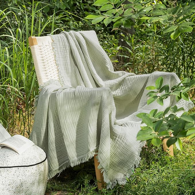 MooMee Muslin Blanket - 100% Cotton 4-Layer Gauze Throw Blanket with All-Around Fringe Ultra-Soft Breathable Lightweight Cooling for Bed Couch (Sage Green,Throw XL 50" x 70")