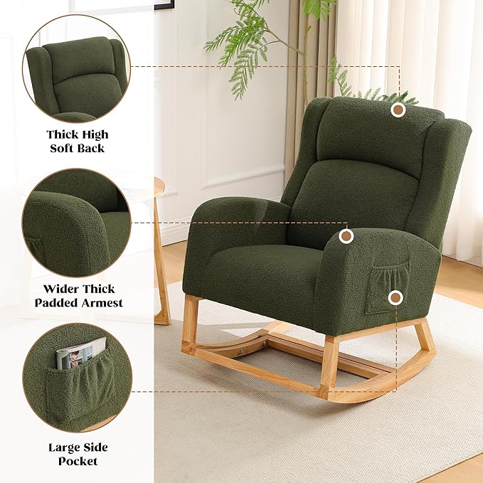 Rocking Chair Nursery, Nursing Rocking Chairs for Mom Nursery, Comfy Teddy Glider Rocking Armchair with Foot Rest for Nursery Living Room Bedroom, Green