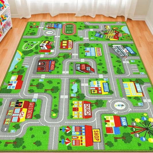 Kids Carpet Playmat Rug 5'2''x3'3'', Kids Rugs for Bedroom, Non-Slip Town City Road Map Car Rugs for Kids Toy Cars, Track Carpet Play Rug for Playroom Classroom Decor (Green)