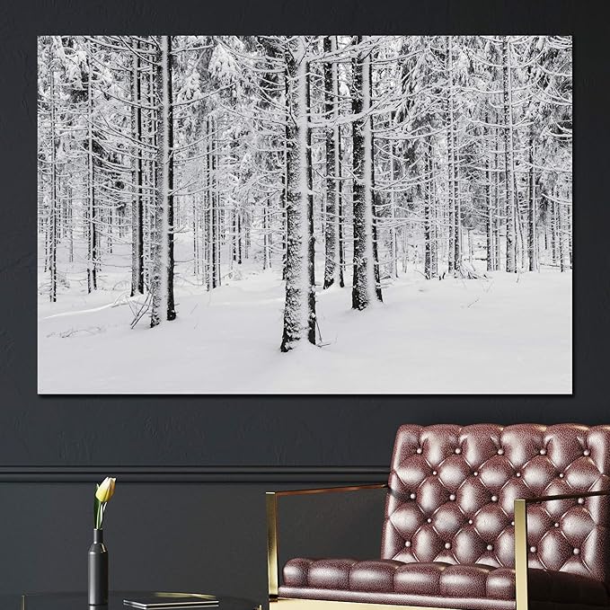 SIGNWIN Canvas Wall Art Winter Snow Covered Birch Trees on The Hillside Nature Forest Modern Art Traditional Scenic Dramatic Black and White for Living Room, Bedroom, Office - 24x36 inches