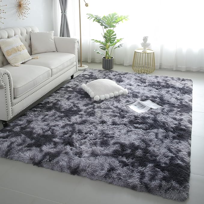 4x6 Dark Grey Fluffy Shag Rug for Bedroom, Soft Plush Fuzzy Washable Non Slip Floor Cozy Carpet for Living Room, Modern Comfy Furry Shaggy Area Rug for Kids Baby Nursery Dorm, Tie-Dye Gray