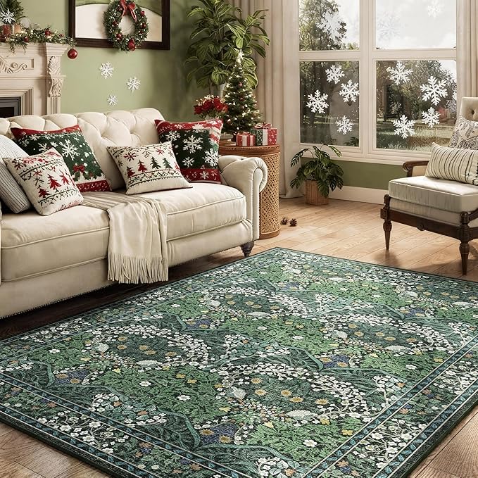 5x7 Washable Dark Green Floral Area Rug for Living Room, Non-Slip Soft Floral Print Vintage Boho Carpet, Forest Green Low Pile Rugs for Bedroom, Dining Room, Indoor Decor