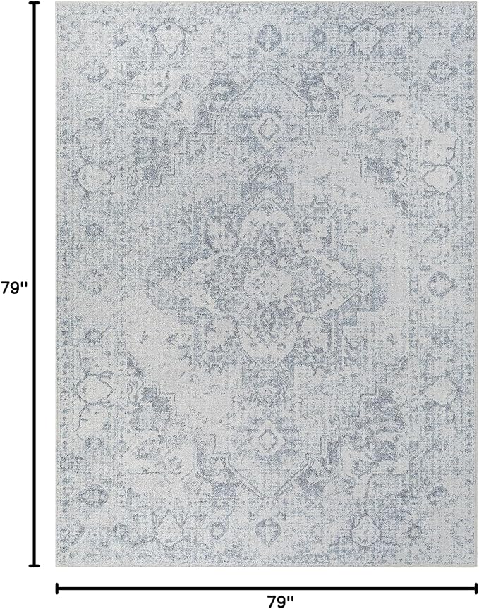 Mark&Day Washable Rugs, 7ft Round Moya Traditional Navy Blue Area Rug, Blue Beige Grey Carpet for Living Room, Bedroom or Kitchen (6'7" Round, Machine Washable)