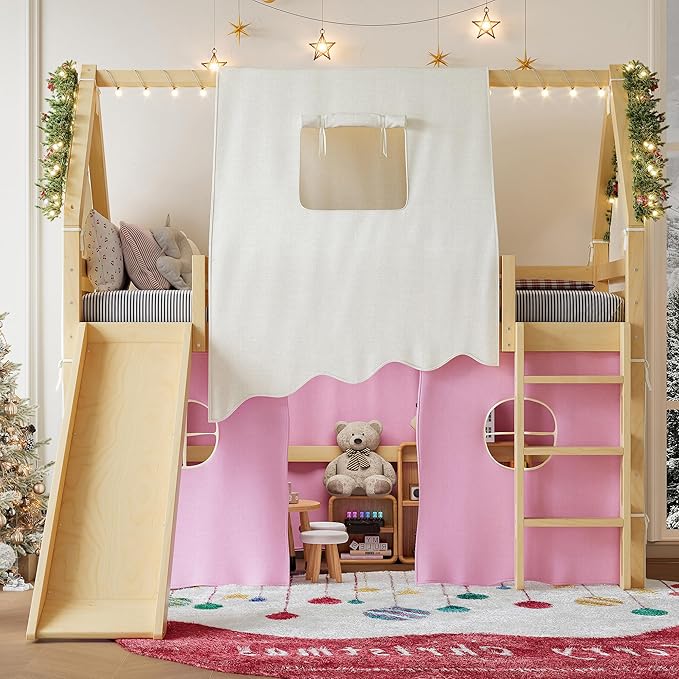Playhouse Design Twin Size Loft Bed with Slide & Tent, Solid Wood Tent Bed Frame for Kids Boys Girls, Versatile Spacious Under Bed Space, Chic Design with Lights (Natural+Pink-Twin)