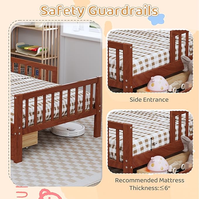 Wood Twin Size Platform Bed with Safety Fence for Kids Boys Girls, Platform Bed Frame with Practical Headboard and 2 Under-Bed Drawers, Sturdy Slats Support (Walnut-3.15)