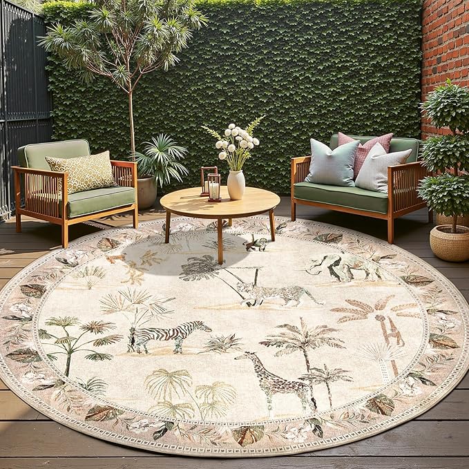 jinchan Round Rug 7ft Beige Jungle Animals Print Living Room, Machine Washable 7' Circle Modern Soft Non-Slip Forest Plant Kids Room Throw Area Rug, Low Pile Carpet for Dining Room Bedroom Playroom