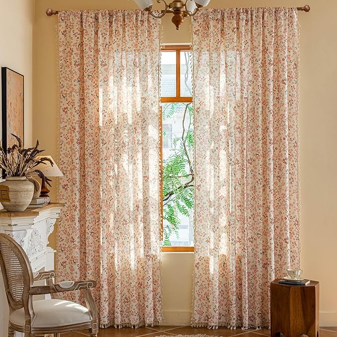 OYX Pink Boho Farmhouse Floral Curtains 84 Inch Long 2 Panels For Living Room, Flower Girl Bedroom Light Filtering Drapes, Vintage Country French Patterned Rod Pocket Aesthetic Decor Window Treatments