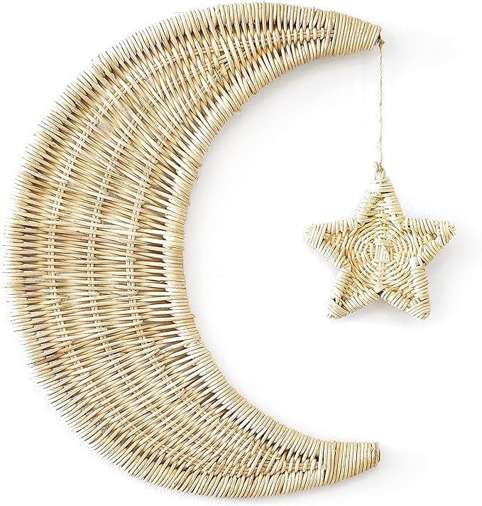 BEBE BASK Handmade Rattan Moon Wall Decor with Star - 100% Natural Organic Rattan Moon Decor for The Boho Nursery Decor - Moon and Stars Nursery Décor