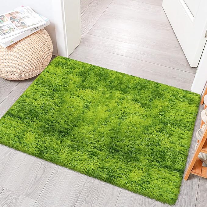 Soft Fluffy Tie Dyed Grass Green Shag Rug 2x3 Small Green Area Rug Carpet for Bedroom Door Entryway Indoor Inside Front Entrance Green Mat Non Slip, Home Decor Aesthetic, Nursery