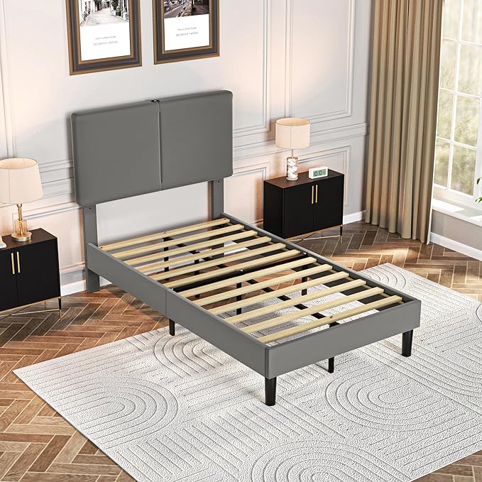 VECELO Twin Bed Frame with Type-C & USB Ports, Upholstered Platform Height-Adjustable Cotton and Linen Headboard,No Box Spring Needed, Noise-Free, Easy Assembly, Dark Grey