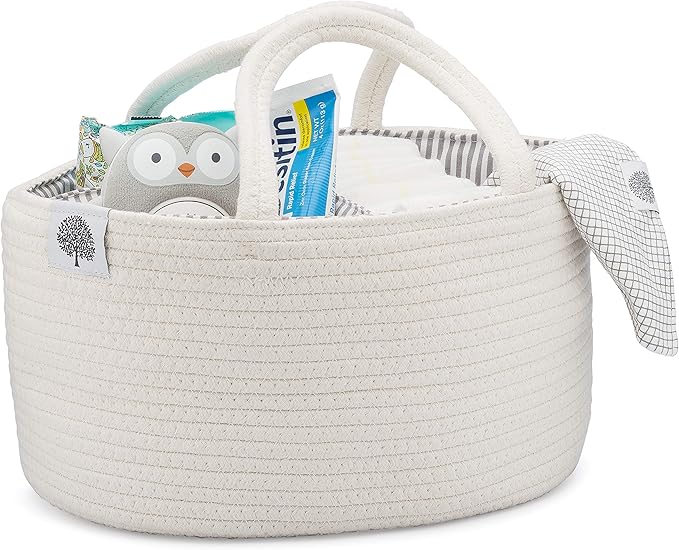 Parker Baby Rope Diaper Caddy Organizer - Nursery Storage Bin and Car Organizer for Diapers and Baby Wipes - Diaper Organizer for Baby Essentials, Baby Shower Gifts - White