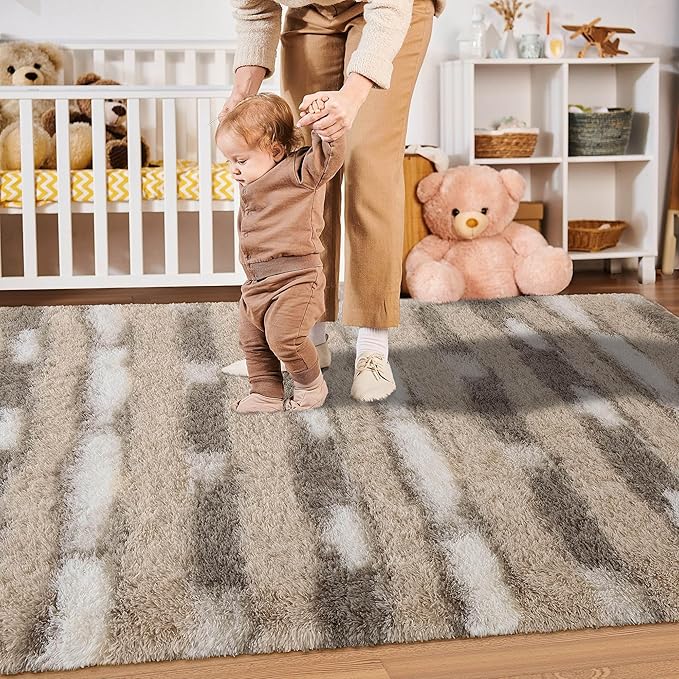 Meralax Area Rugs for Living Room Bedroom, Machine Washable 4x6 Feet Soft Fluffy Shaggy Bedside Rug, Beige and White Indoor Floor Carpet for Kids Boys, Dorms, Nursery Rooms, Home Decor Aesthetic