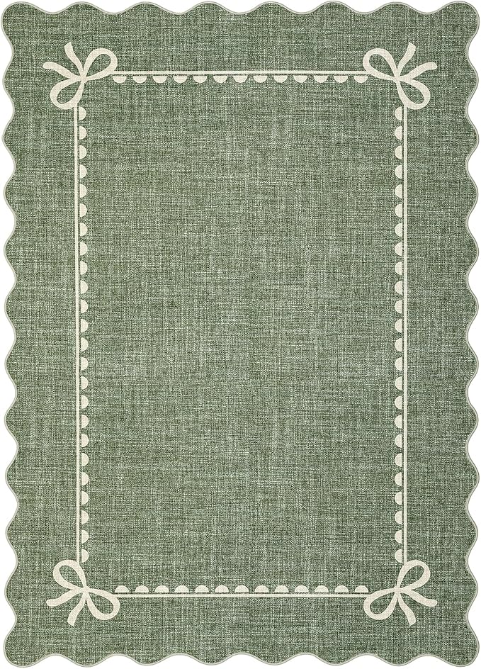 GarveeHome Scalloped Bow Rug for Living Room, Solid Green Rug for Dorm, Washable Rugs 4x6 Soft Low Pile Non Slip Scalloped Rugs for Nursery College Bedroom Decor Kids Room Playroom