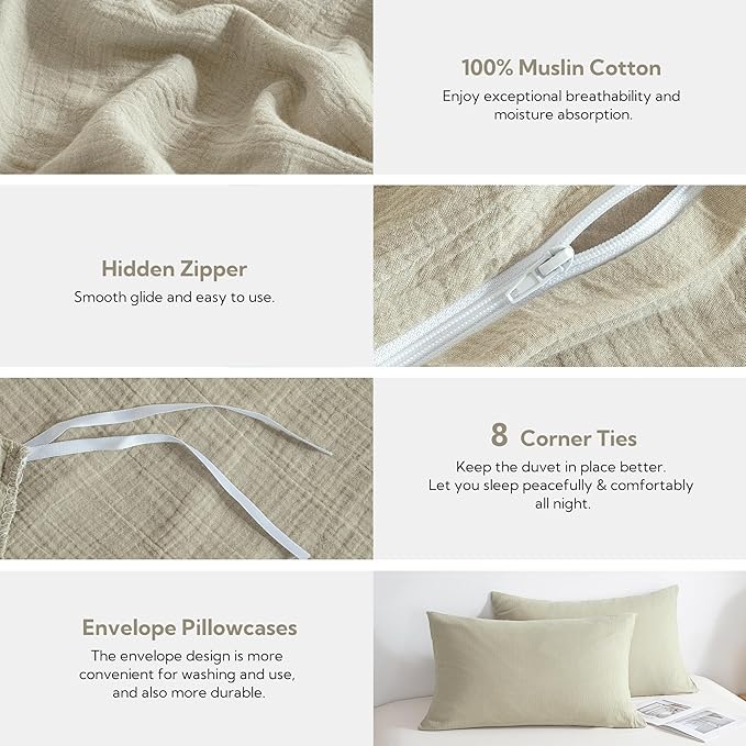 MILDLY Muslin Duvet Cover California King - 100% Washed Cotton Linen Like Gauze Comforter Cover 3 Pieces Breathable & Lightweight for All Season