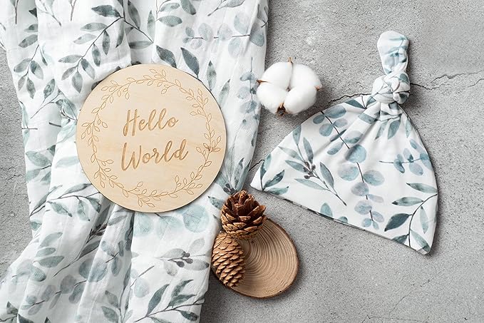 Miaoberry Organic Muslin Swaddle Blankets with Matching Hat and Wooden Hello World Newborn Sign | Eucalyptus Newborn Photography Props | Birth Announcement Sign