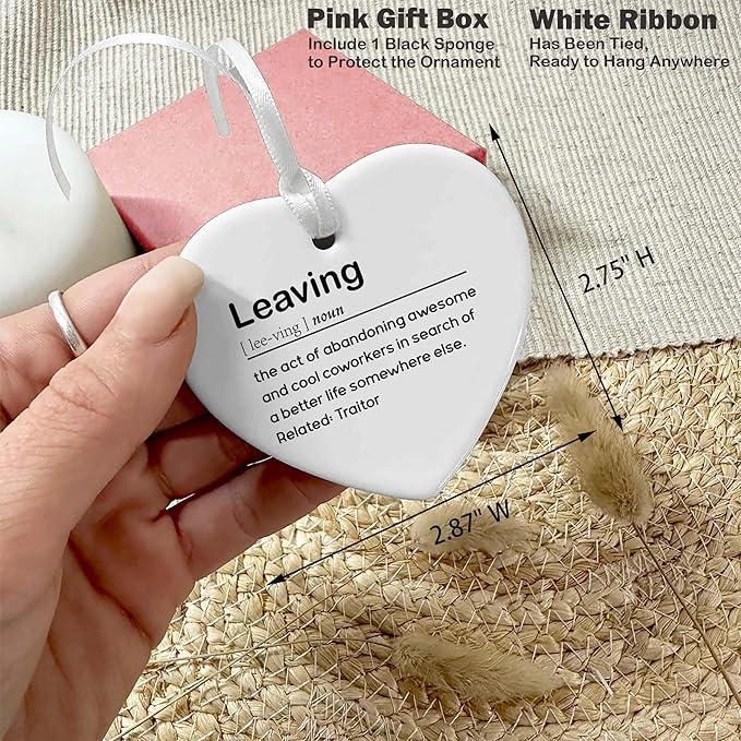 Leaving Heart Shaped Christmas Ornament-Funny Colleague Gift for Promotion Retirement Farewell Goodbye New Job-Thank You Appreciation Keepsake for Coworker Boss Leader-Congrats Gift for Office Decor