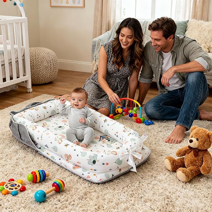 Baby Lounger for Newborn for Tummy Time,Baby Lounger Play Gym mat with Portable Bag,Awake-Time Newborn Babies Essentials Gifts 0-24 Months Home Travel(Carousel)