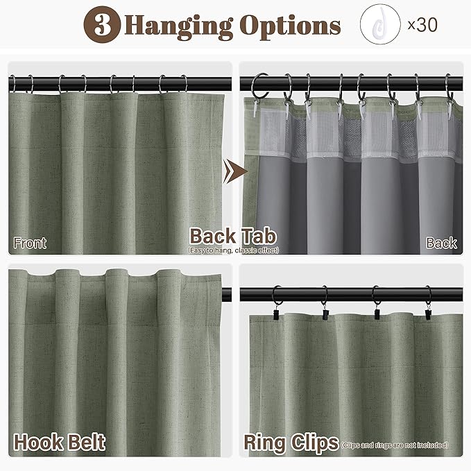Guken 100% Blackout Linen Curtains 63 Inches Long Textured Sage Green Country Farmhouse Back Tab Hook Belt Room Darkening Insulated Thermal Noise Reduction Window Drapes for Bedroom Nuersery 52x63