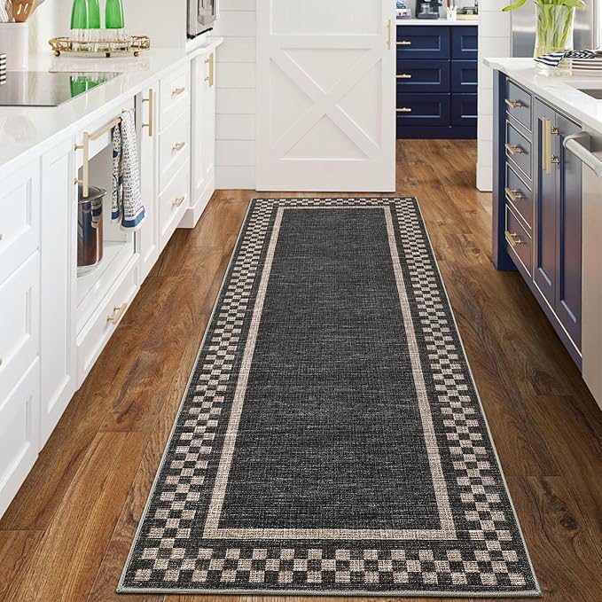 GarveeHome Runner Rug 2x6 for Kitchen Non Slip Washable Hallway Runner Rugs Modern Bordered Bathroom Throw Mat Soft Non Shedding Checkered Runners Geometric Area Rug for Bedside Living Room, Black