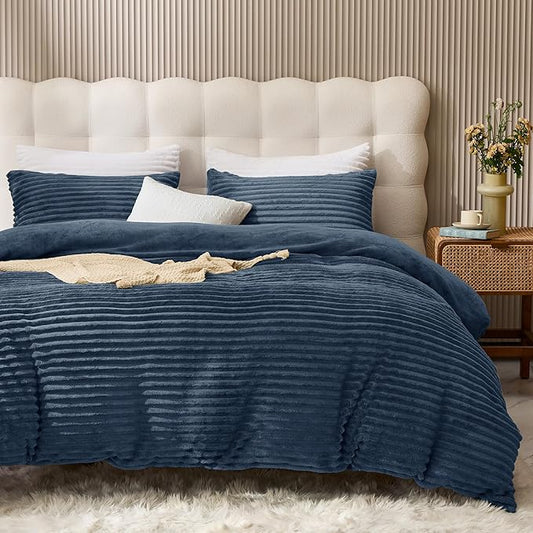 JELLYMONI Plush Duvet Cover Set - Queen Size Navy Blue Striped Fluffy Comforter Cover 3pcs Bedding Set Luxury Ultra Soft Faux Fur Duvet Cover with Zipper and 2 Pillowcases (NO Comforter)