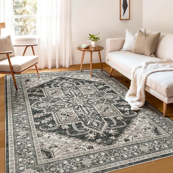 WITSHOCK Living Room Area Rugs 5x7: Washable Rug Boho Soft Non-Slip Low Pile Stain Resistant Foldable Carpet for Bedroom Playroom Dining Room Office Kitchen Farmhouse Home Decor Rug-Bitter Black