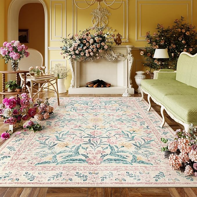 Lahome Pink Boho Rugs for Living Room 5x7, Washable Area Rugs for Bedroom Girls Decor Non Slip, Soft Floral Low-Pile Nursery Carpet for Kids Dining Room Indoor, Pink/Multi