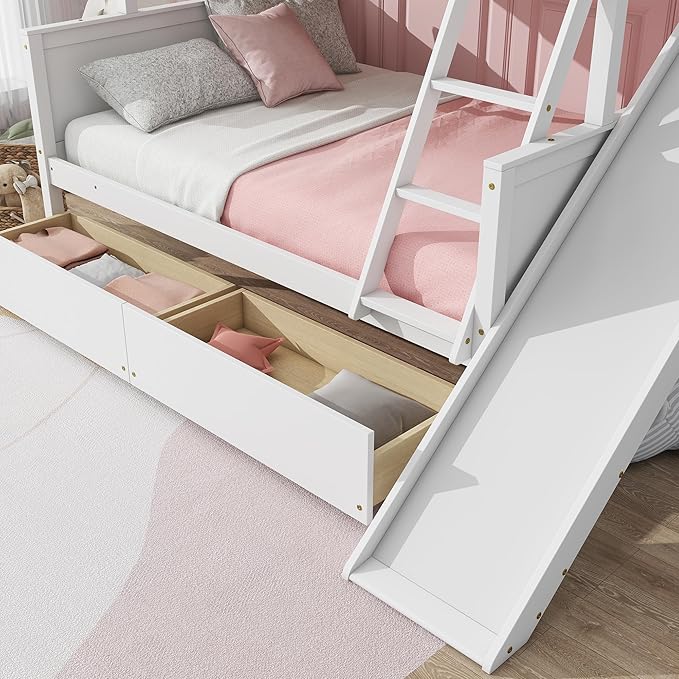 Twin Over Full Bunk Bed with 2 Drawers and Slide, Wood Bunk Bed Frame with Shelves and Ladder, Space Saving Design Bunk Bed for Kids Teens Boys Girls (White-x32c)