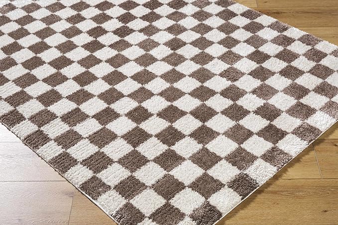 Hauteloom Canika Modern Checkered High Pile Area Rug - Contemporary Geometric Carpet for Living Room, Bedroom - Machine Washable Area Rug - Off-White, Dark Brown - 7'10" x 10'