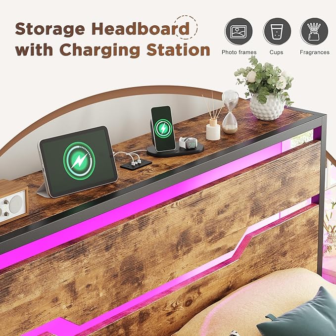 King Size Bed Frame with LED Lights & Charging Station, King Bed Frame and Headboard,13" Under Bed Storage, Noise-Free Heavy Duty Metal Support, Modern Brown