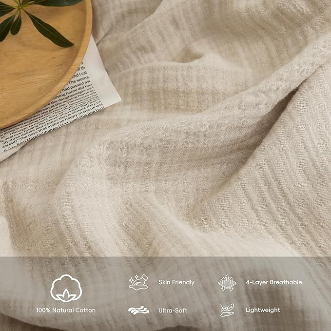 FOSSA Muslin Blanket with Fringe - 4-Layer 100% Cotton Gauze Super Soft & Breathable Throw -Lightweight Decorative Cooling Blanket for Bed, Sofa, Office (Beige, King (104" × 90"))