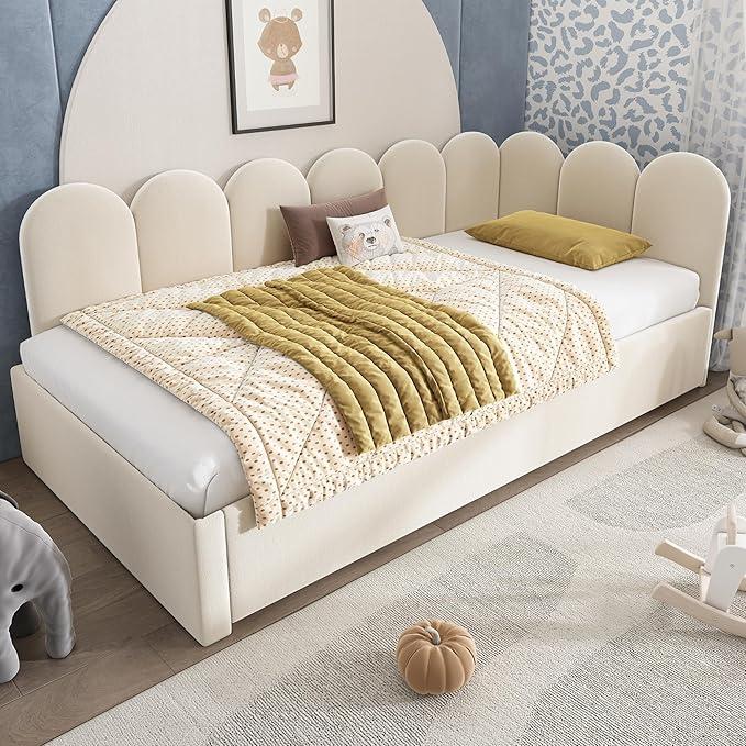 Merax Modern Upholstered Sofa Day Bed with Trundle Bed, Floor Platform Bed Frame with Headboard, No Box Spring Needed/Easy Assemble Twin, Beige