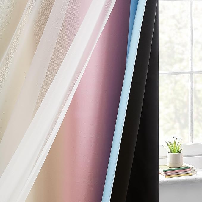 100% Blackout Curtains with Sheer Overlay Mix and Match Double Layer Drapes 72 Inch Length 2 Panels for Room Bedroom Room Ombre Rainbow Grommet Window Treatment with Tiebacks