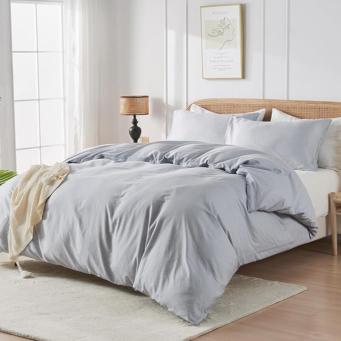 JELLYMONI 100% Natural Cotton 3pcs Striped Duvet Cover Sets,Blue Duvet Cover with Thin White Stripes Pattern Printed Comforter Cover,with Zipper Closure & Corner Ties(Queen Size)