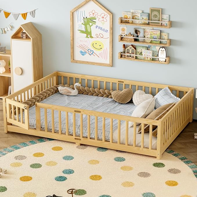 Bellemave Queen Size Floor Bed with Rails for Kids, Girls, Boys, Pine,Plywood Floor Bed with slats and Door, Natural