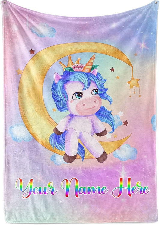Personalized Unicorn Blanket for Girls | Kids Rainbow Unicorn | Custom Plush Fuzzy Unicorns for Toddler | Customized Little Girl Throw Blankets | Girl Sofa Bed Birthday | Fleece 30x40
